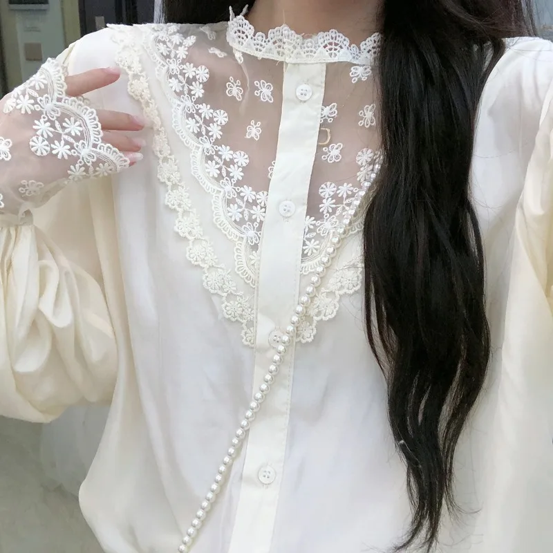 

Small fresh patchwork lace Blouses fashion Stand up collar lantern sleeve Shirts Women's Clothing autumn sweet style ladies tops
