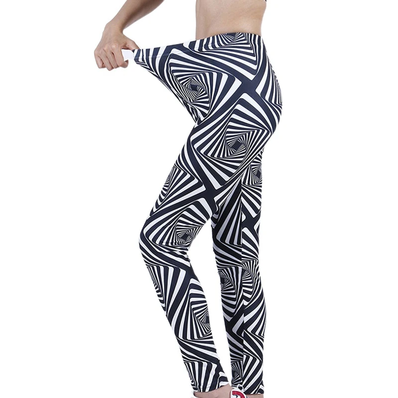 

YSDNCHI Women New Fitness Elastic Black White Geometric Stripe Print Leggings High Quality Polyester Leggin Ankle-Length Stretch