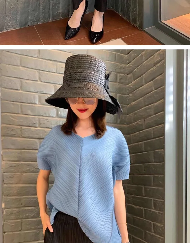 Changpleat новые женские футболки Топ Miyak плиссированный модный дизайн свободный v-образный вырез корейский стиль короткий рукав женская футболка Tide