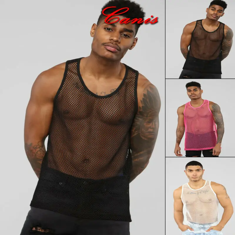 Мужская сексуальная сетчатая прозрачная рубашка без рукавов прозрачный топ для
