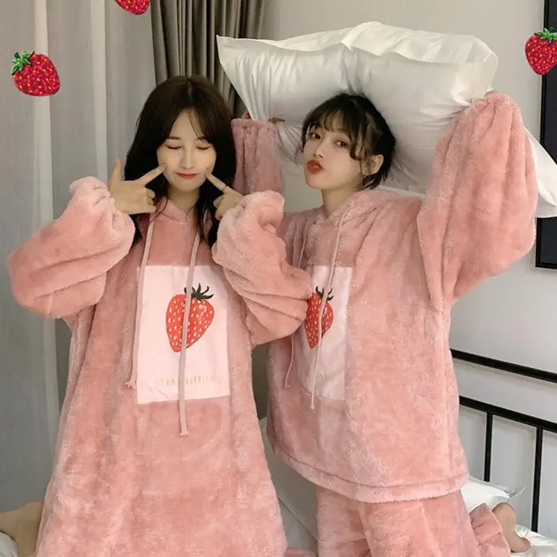 Cute hooded Korean version the pajamas female autumn and winter loose can be worn outside the home furnishing pajamas thickened