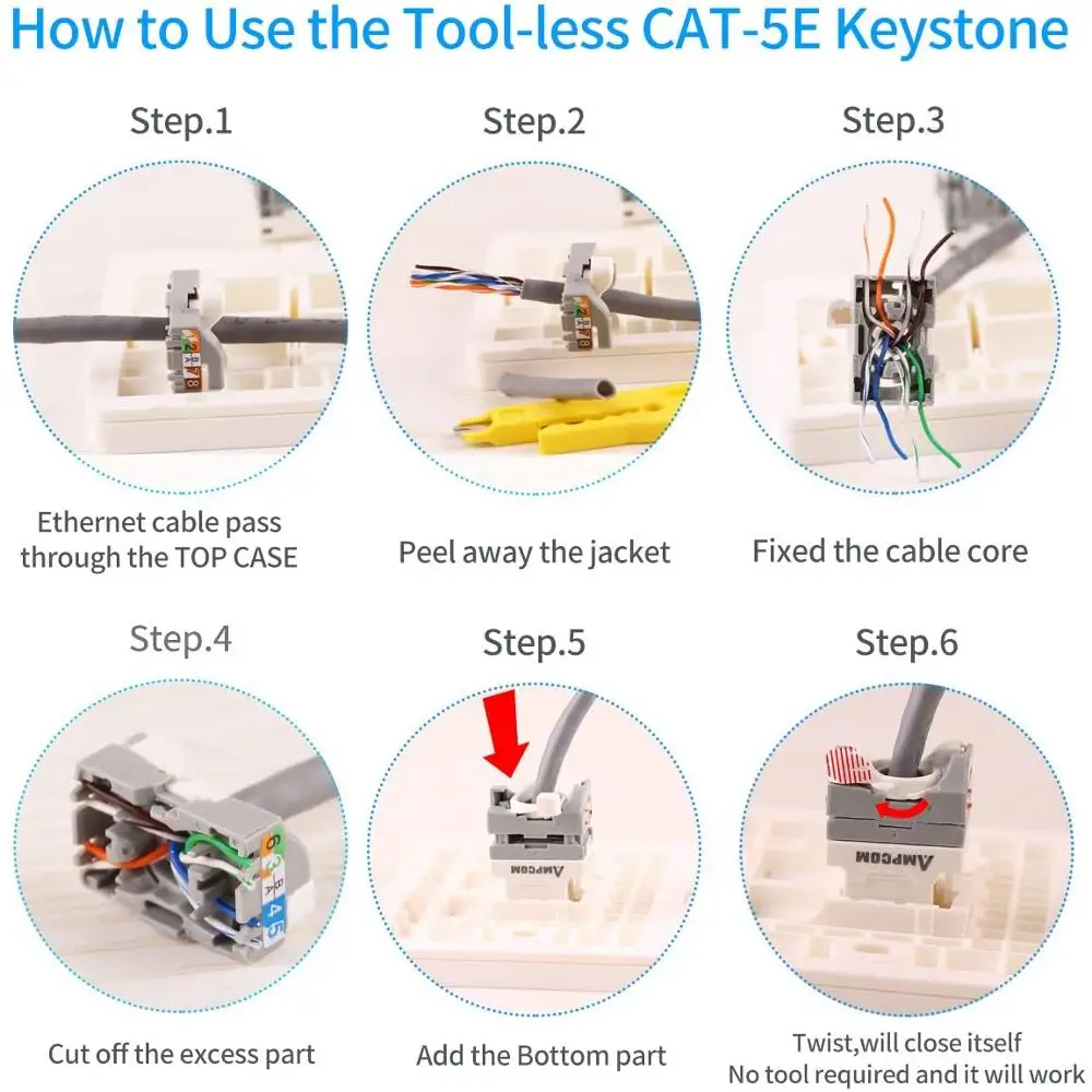 Кабель AMPCOM CAT5e RJ45 5 упаковок без ключа пробойника красный разъем модуля UTP|Детали