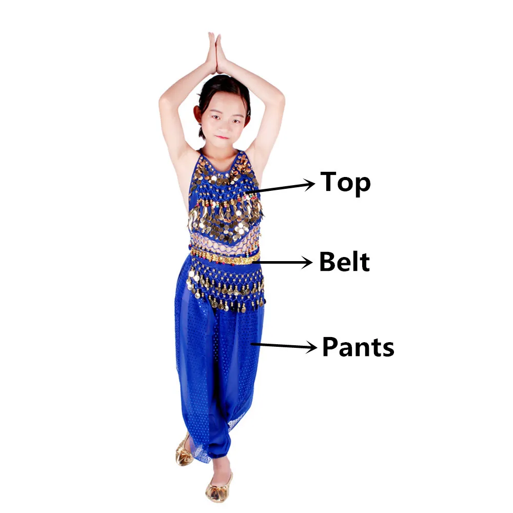 Royal Blue 3pcs Костюмы для танца живота, для детей, для восточных танцев, для девочек, для танца живота, индийский комплект для танца живота, одежда для танца живота, для детей, индийский, 6 цветов - Color: Royal Blue 3pcs