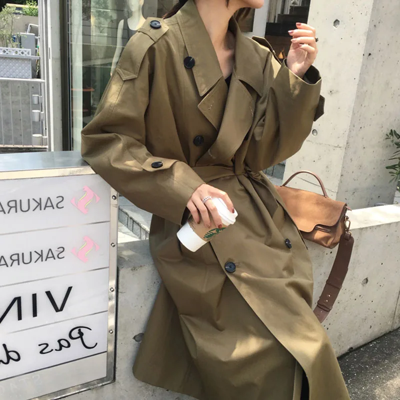 

JCHB 2021 Trench Streetwear Coat for Women Double Breasted Turn-down Collar Spring Autumn Women's Long Coat with Belt