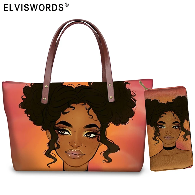 ELVISWORDS Women Purse and Handbags Set Black Art African Girl Printing Shoulder Bags For Female Large Totes Bags Bolsos Mujer