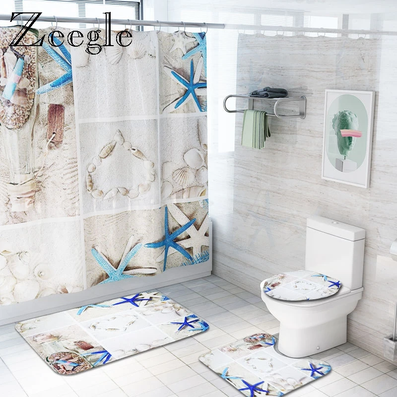 

Zeegle Printed Ocean Animal Bath Mat Set Toilet Shower Curtain Lid Toilet Cover Anti-slip Bathroom Foot Rug Absorption Floor Rug