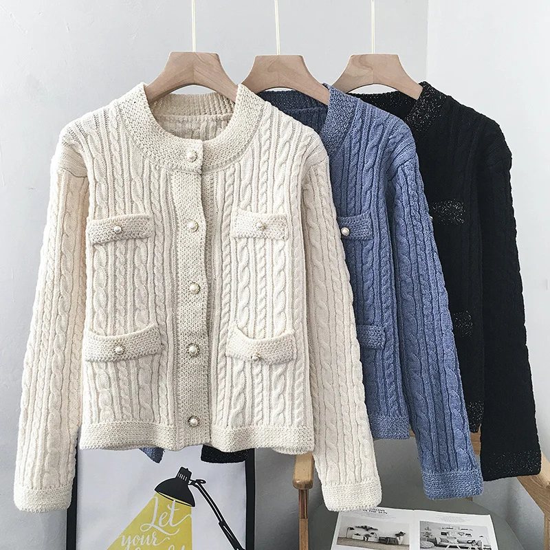 JMPRS Cardigans Women Sweater Fashion Pearl Buttons O Neck Twisted Knitted Short Jackets Pockets Korean Warm Winter Thick Tops |