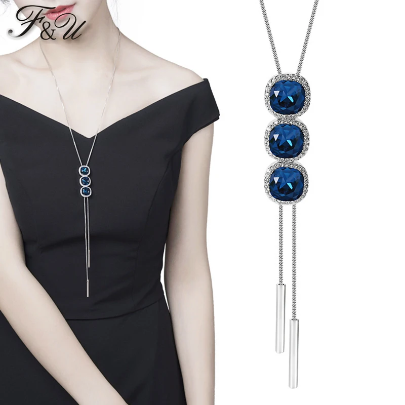 F&ampU colar Crystal Three Circles Blue Pendant Long Necklace Female Winter Sweater Chain All-match Accessories Fashion For Women |