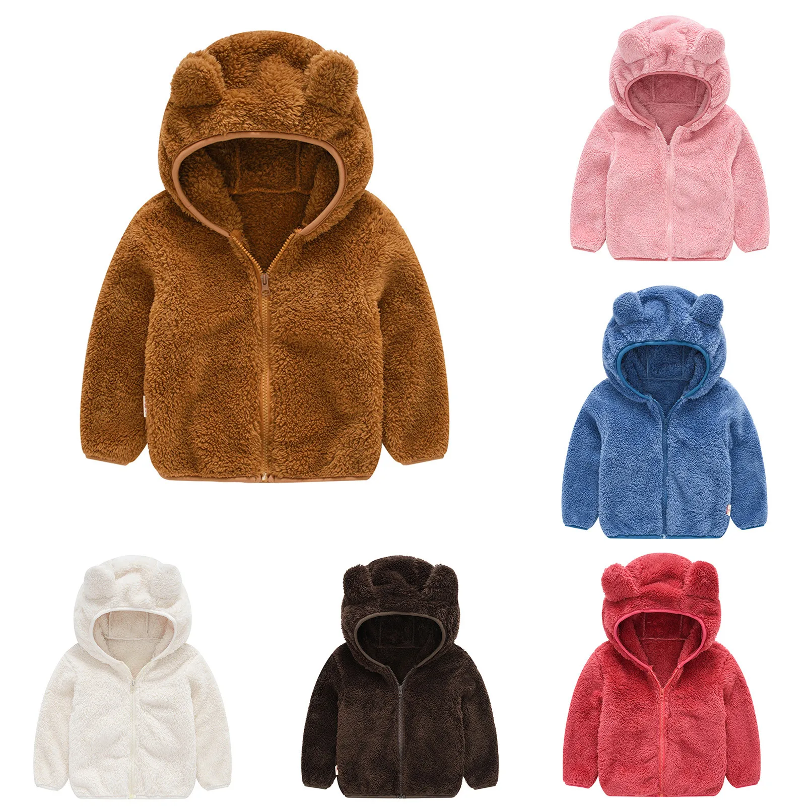

Baby Boy Baby Girl Winter Jacket Solid Color Plush Cute Bear Ears Winter Hoodie Thick Coat Cardigan Girl vetement hiver fille E1