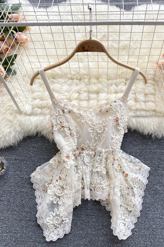 

Ladies Summer Wear Irregular Ruffled Swing Crop Top Slimming Women's Sweet Embroidered Slip Vest Cute High Street Camisole