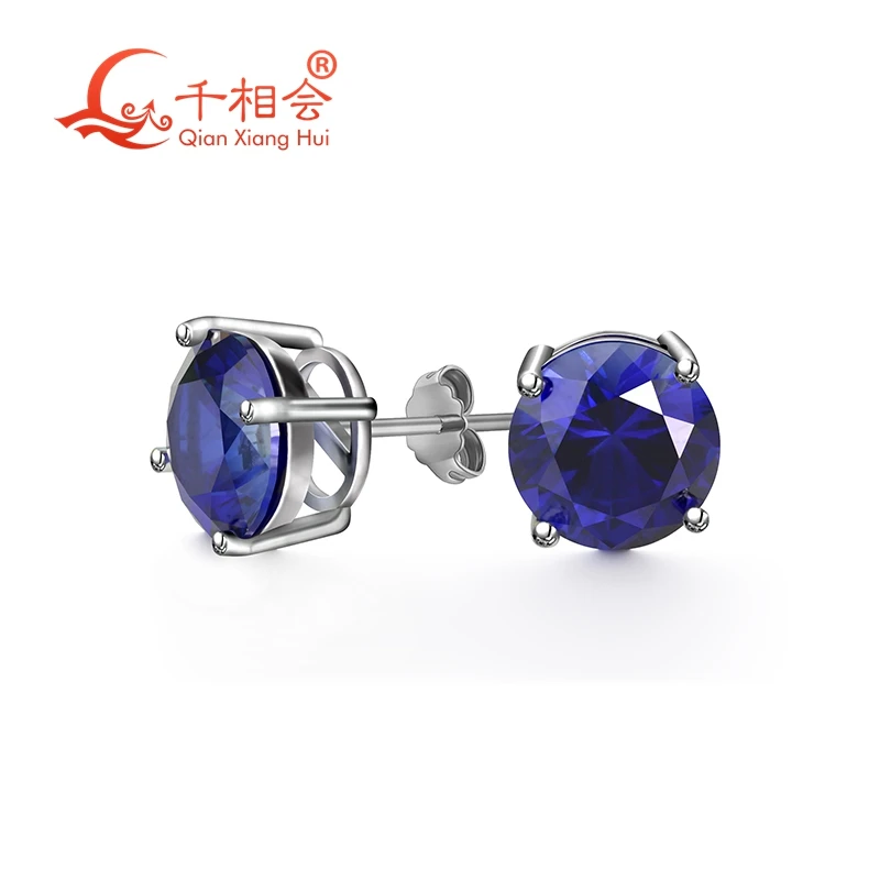 

925 silver corundum blue color round shape 8mm single lab created sapphire stone ear stud Earing for jewelry woman datting