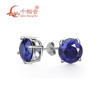 925 silver corundum blue color round shape 8mm single lab created sapphire stone ear stud earing for jewelry woman datting