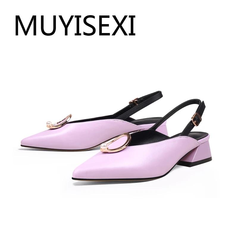 Pumps slingbacks metal decorations genuine leather pointed toe 3cm low heels shallow elegant simple shoes women HL226 MUYISEXI