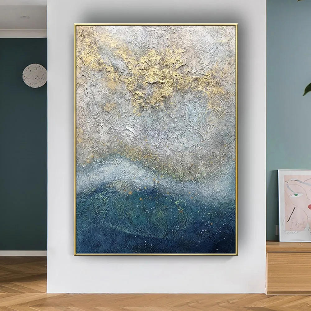 

modern 100%hand-painted oil painting abstract Blue gold foil craft canvas painting wealth home decor painting living room mural