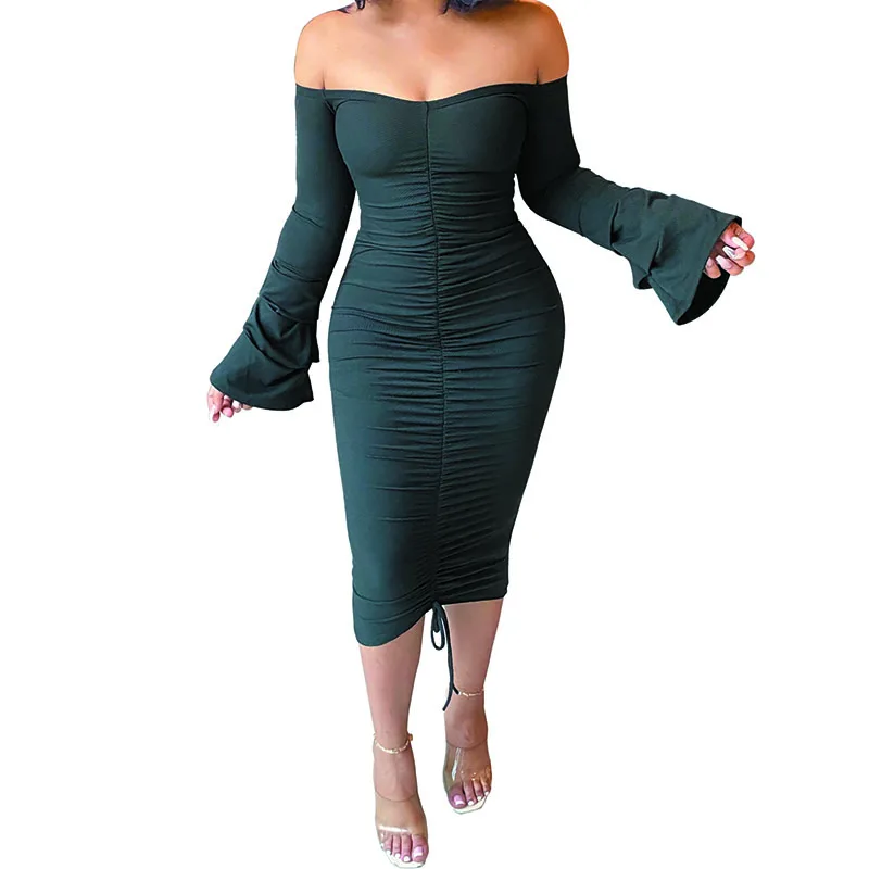

Pliktea Sexy Women Dresses Pure Color Nightclub Pleated Folded Flared Sleeve Midi Skirt Knitted Dress Summer Dresses Women 2021
