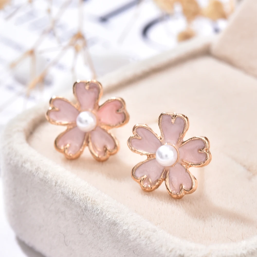 

Girl Cute Earrings Japan and South Korea Small Fresh Drop Oil Pink Flower Pearl Earrings Korean Five-leaf Flower Student Gifts