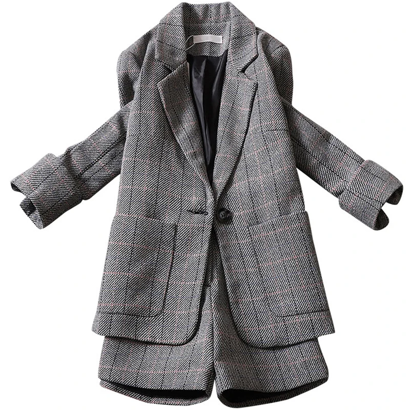 

two pieces women coat sets 2020 autumn new knitted pocket plaid loose thicken coat and shorts office lady shorts suits