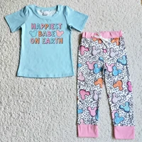 boutique baby outfit sky blue cartoons short sleeve top long pants cute wholesale kids clothing sets 2021