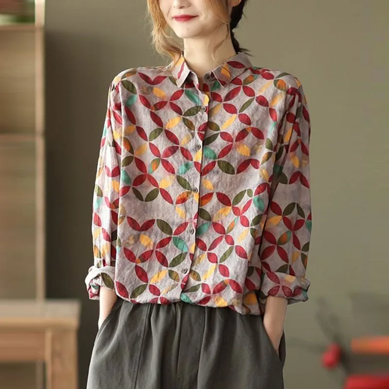 

Women Cotton Linen Casual Shirts New 2021 Spring Arts Style Vintage Print Turn-down Collar Loose Female Long Sleeve Tops S3636