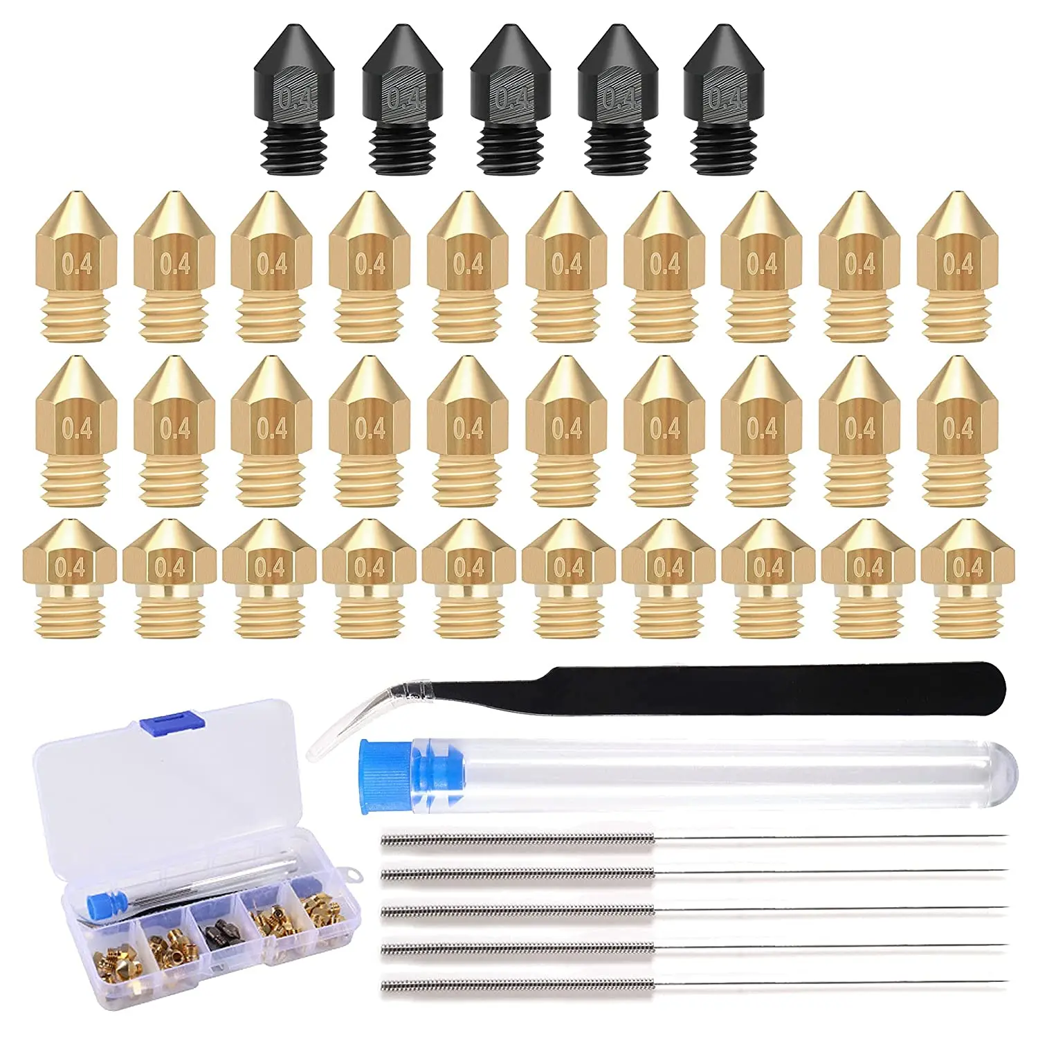 

40 PCS 1.75 mm 3D Printer 0.4mm Nozzles Include 5 PCS MK8 Hardened Steel Nozzles 20 PCS Brass Nozzles 10 PCS MK10 Brass Nozzles