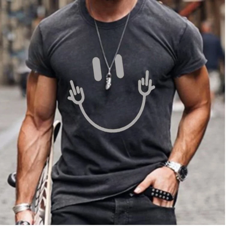 

2021 European and American new men's summer grey short sleeve casual smiling face printed T-shirt
