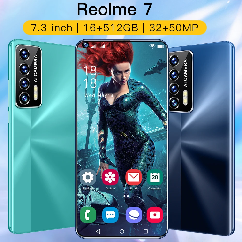 

Global Version Reolme 7 7.3Inch Smartphone 16+512GB 32+50MP 6800mAh Unlock Android11.0 Celular 5G Mobile Phones Support Google