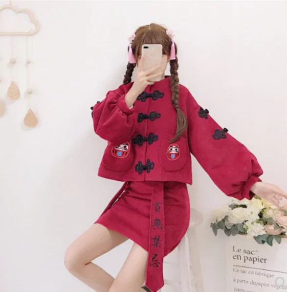 

Japanese sweet Winter girls Chinese style Woolen embroidery Puff sleeve top soft girl cute kawaii temperament princess top