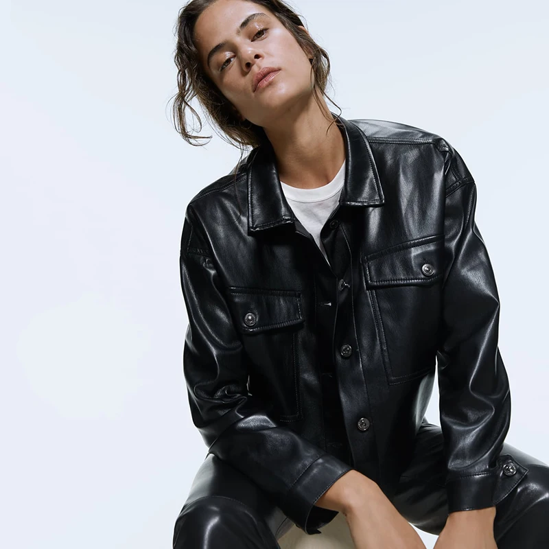 Женская куртка из искусственной кожи ZA однобортная Черная с длинными рукавами