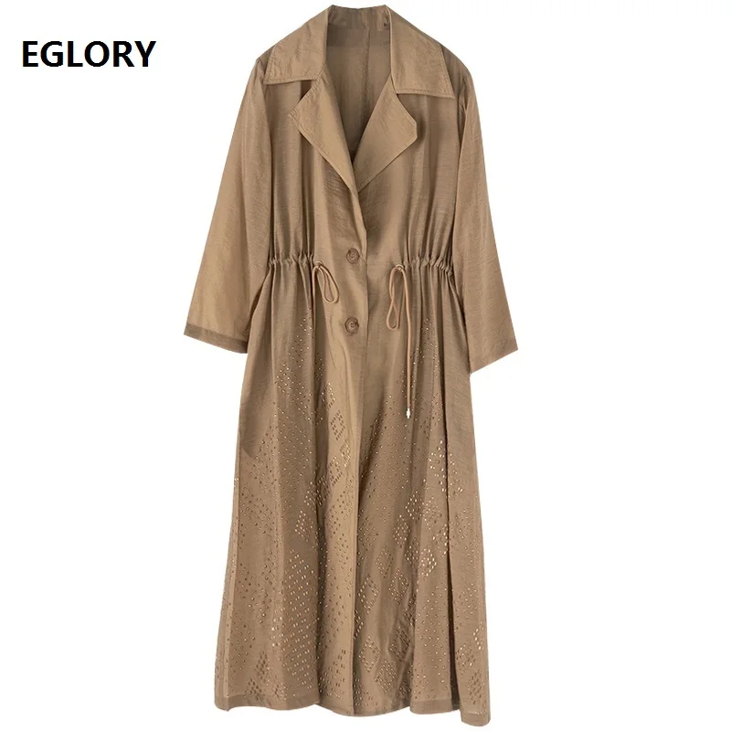 

5XL Outerwear & Coats 2020 Spring Summer Long Coat Women Golden Studs Beading Deco Single Breasted Coat Trench Khaki Wine Red