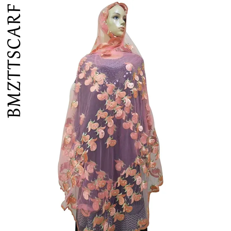 African Women Scarf Good Quality Plain Embroidery with Stones Soft Net Scarf for Headscarf Wraps Pashmina BM805
