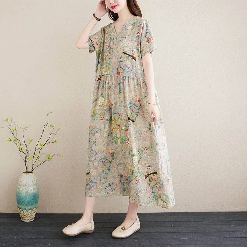 Платье женское хлопково льняное свободного кроя с V образным вырезом|Женские