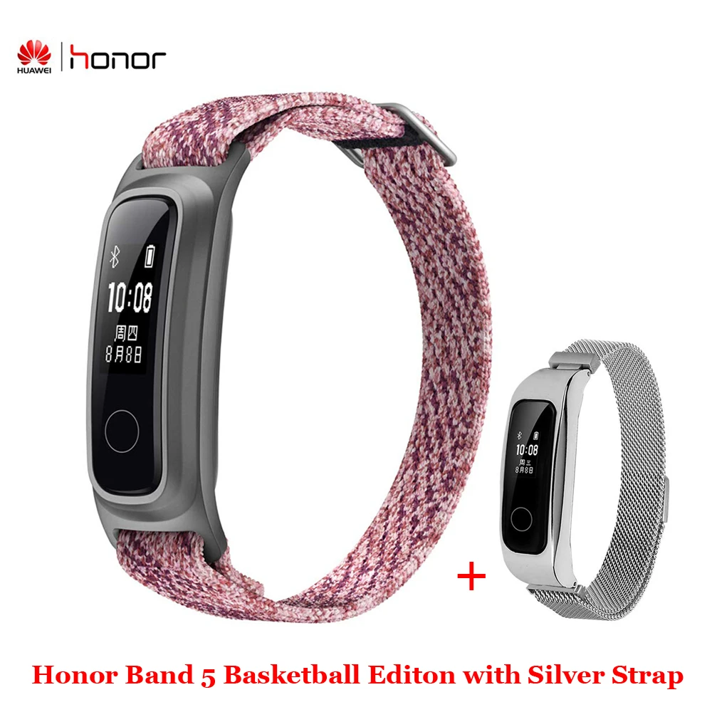 Huawei Honor Band 5 Баскетбол издание ж/металлический ремешок, умный браслет часы AMOLED сердечного ритма фитнес-трекер сна Спорт - Цвет: Pink n Silver