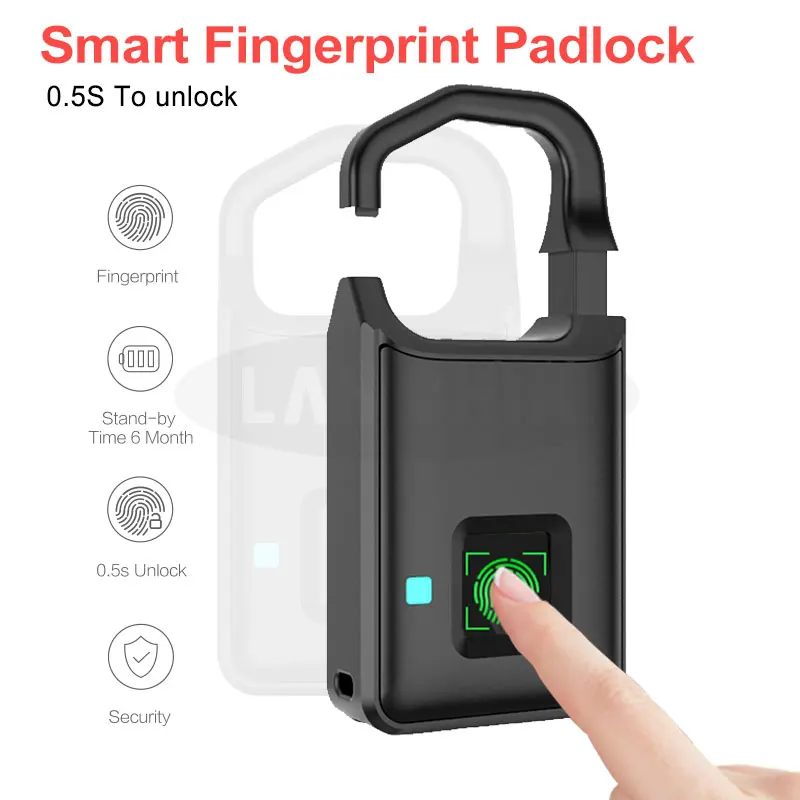 Умный БЕСКЛЮЧЕВОЙ Противоугонный навесной замок USB перезаряжаемый с отпечатком