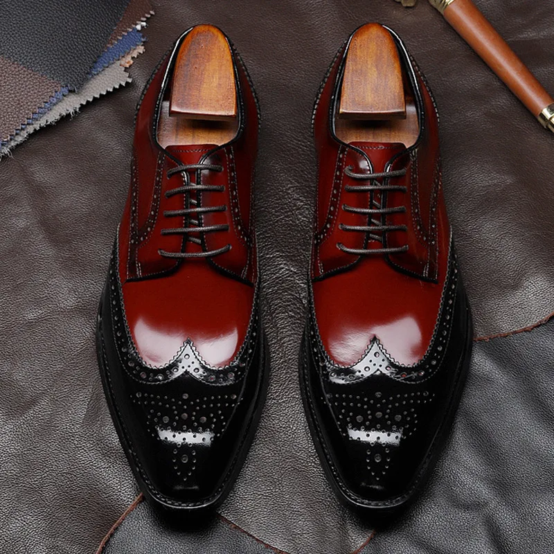 

Genuine Wingtip Leather Oxford Shoes Pointed Toe Laces Up Patchwork Dress Brogues Wedding Business Platform Shoes For Men F50