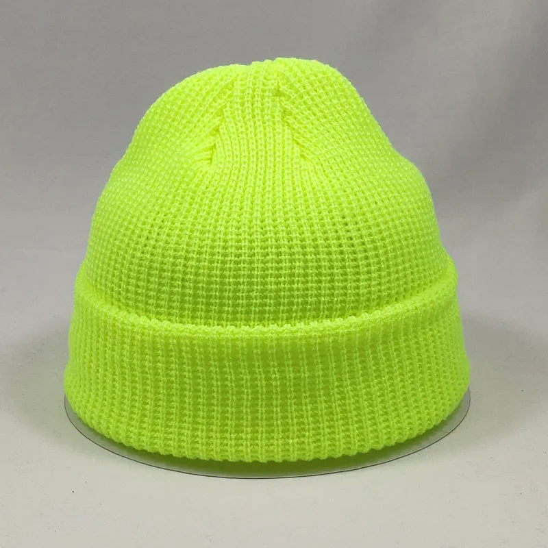 neon yellow Solid Colors Short Beanies Hat for Men Women Winter Knit Cap Skullies Yellow Orange Beige Grey Navy Black - Цвет: neon yellow