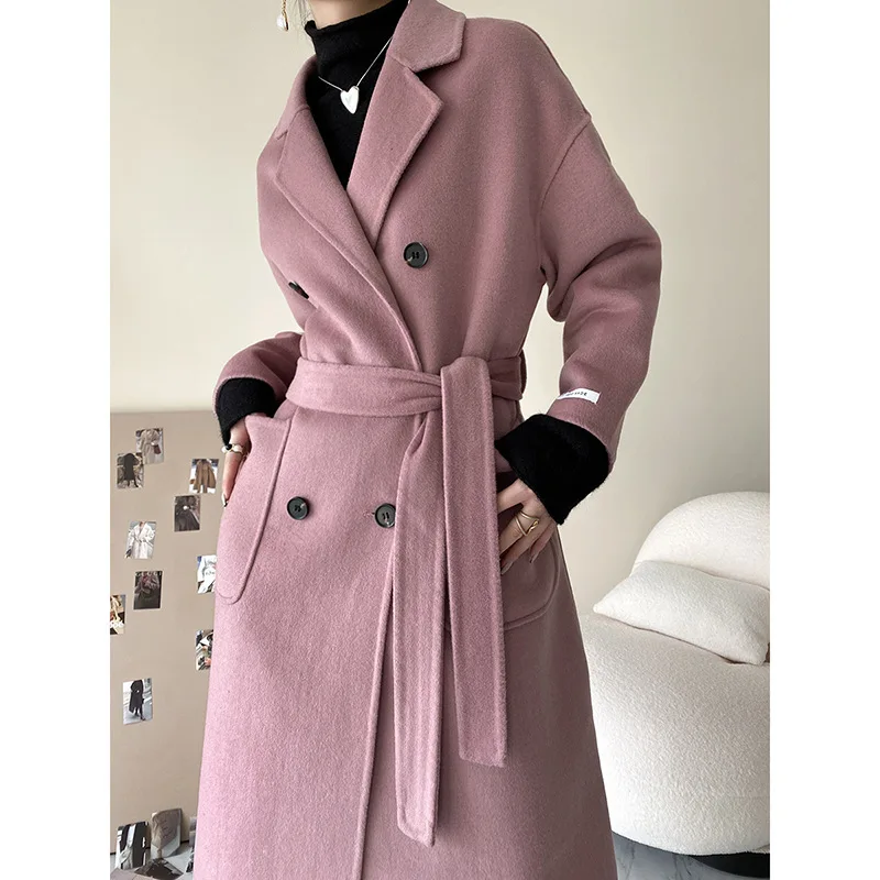 

Temperament Double-breasted Wool Double-sided Woolen Coat Belt for Autumn and Winter 2021 New Woolen Long Coat Women's Clothing
