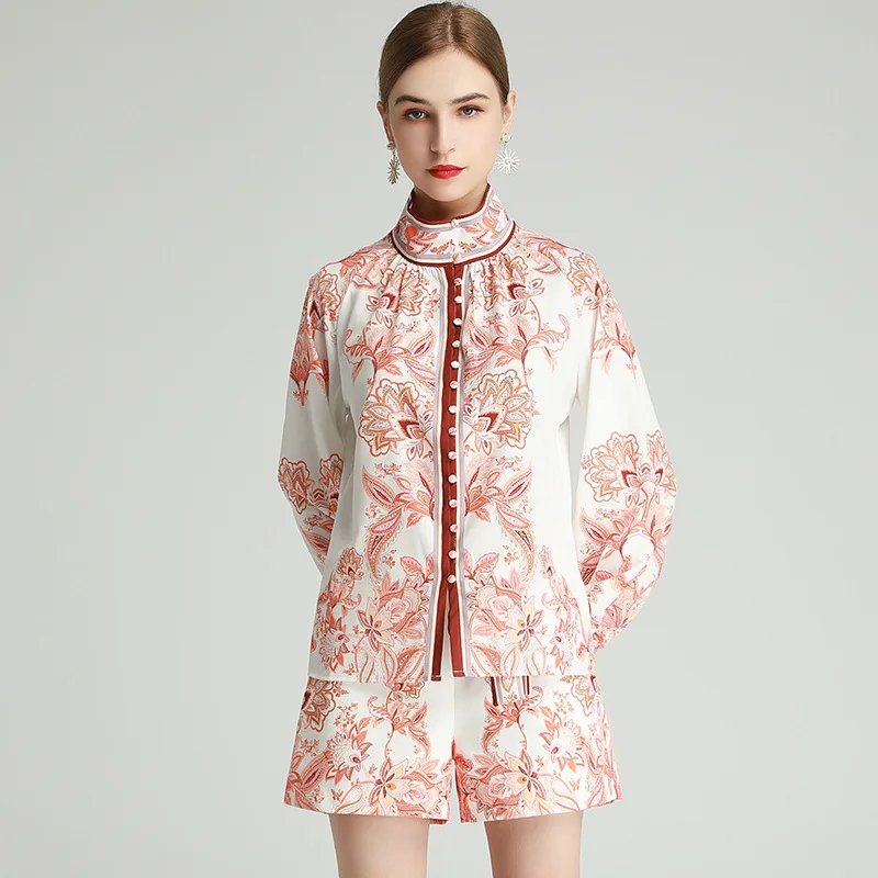 

2021 SPRING VINTAGE PRINT LONG SLEEVE BLOUSE & SHORTS SET