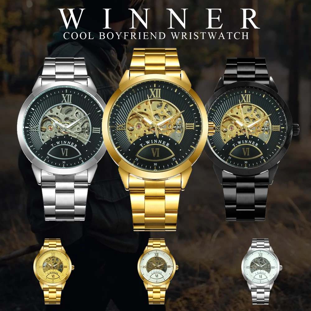 Часы наручные WINNER Мужские механические брендовые Роскошные модные деловые