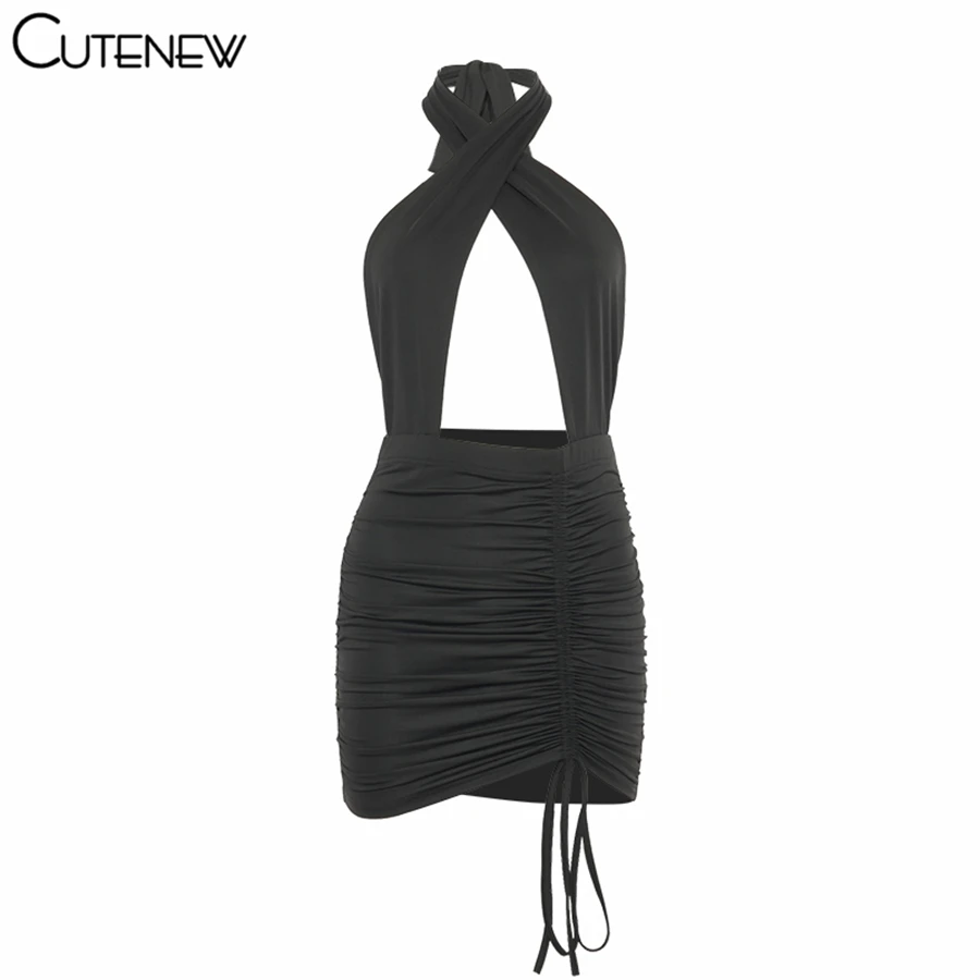 

Cutenew Drawstring Ruched Halter Mini Dress Women Summer Sexy Hollow Out Backless Club Party Streetwear Solid Slim Lady Dresses