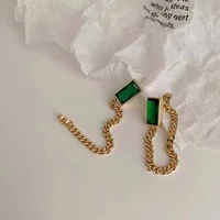 luxury geometric rectangle green crystal back hanging chain tassel piercing earring for women fashion jewelry gift