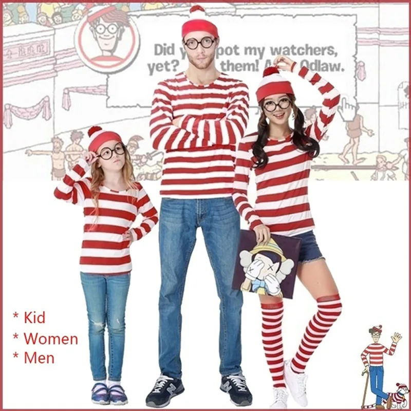 Красно-белая полосатая футболка, очки, шляпа, наряд, комплект костюма, Рождество, Хэллоуин, родители, реквизит для вечеринки