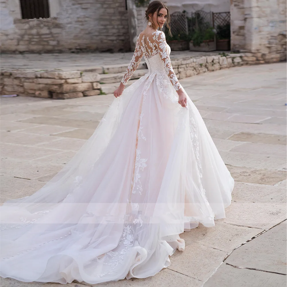 

Elegant Wedding Dresses Illusion Lace Applique Court Train Romantic Bride Dress Long Sleeve Wedding Gown for Bride Custom Made
