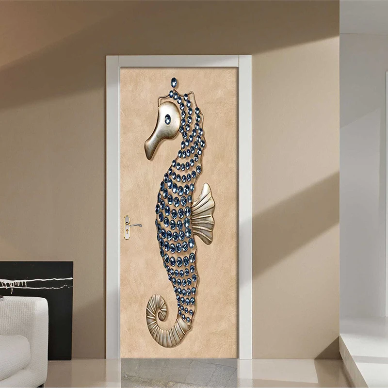 3D наклейка на дверь ПВХ Самоклеящиеся стерео украшения морская лошадь обои