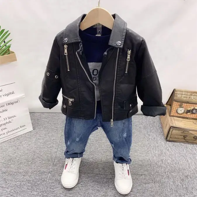 

Kids Boy Clothing Set Children spring and autumn Boys Clothes Cartoon boys Faux leather coat, knit sweater, jeans Cotton 2-6year