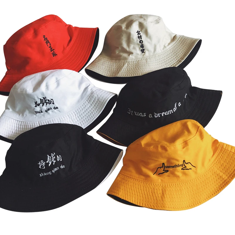 

Double Sided Wear Finger Something Embroidery Panama Bucket Hat Men Women Summer Bucket Cap Hip Hop Hat Fisherman Hat