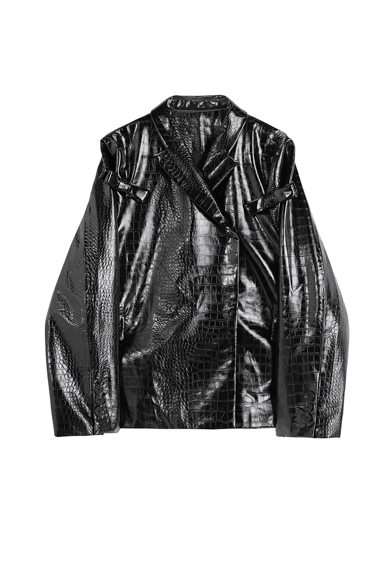 

SuperAen Black Notched Corrugated Bow Leather Women Autumn Winter Loose Locomotive Jacket Streetwear Coat