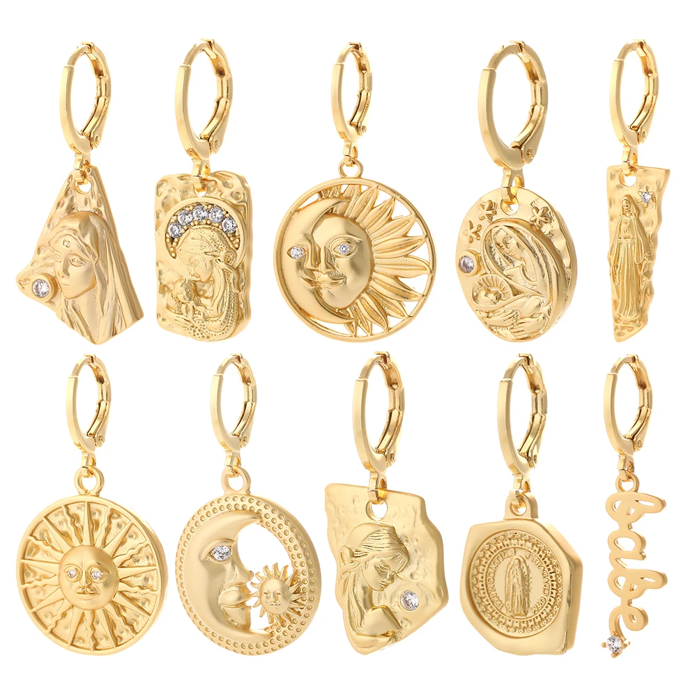 

Sun Dangle Earrings for Women Gold Our Lady Earring with Pendant Charms Female Copper Pave Zircon CZ Statement Korean Fashion
