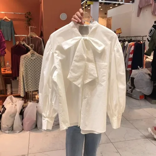 

IEQJ 2021 new spring and summer fashion women clothes bow lantern sleeves white cotton shirt female top tide WR03500XL