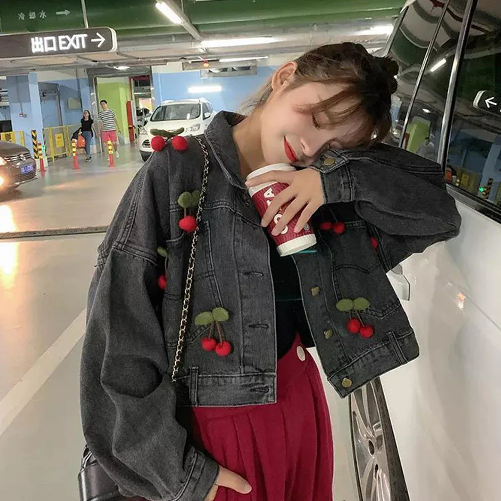 Женская джинсовая куртка с рукавом летучая мышь свободная черная короткая