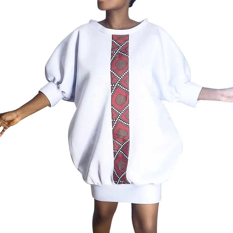

Casual Sweatshirt Women Dress Patchwork Pattern Half Lantern Sleeves Round Neck Lady Mini Dresses Spring Autumn High Quality